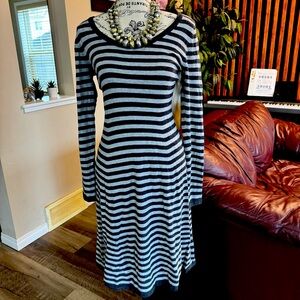 Zara Dress Sweater Silver/Gray Stripe Plunging Neckline Stretch Soft Midi Size M